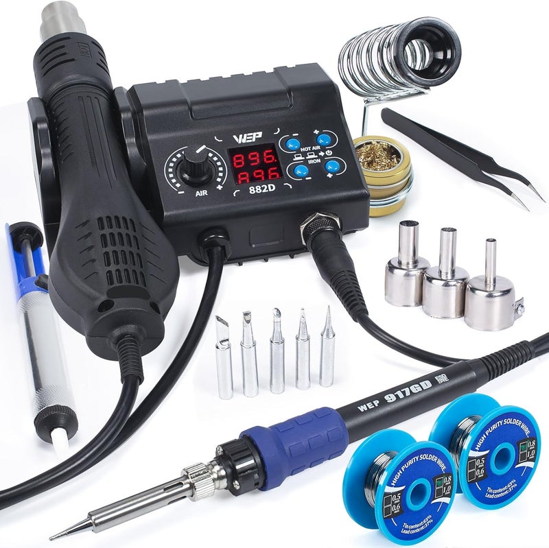 WeP 882D Soldering Iron Station 2-IN-1 SMD Hot Air Rework Station with 2 Spools of Solder Wire, 5 Soldering Tips, 3 Hot Air Nozzles, Brass Wool Tip Cleaner, Tweezers, Desoldering pump - Image 1